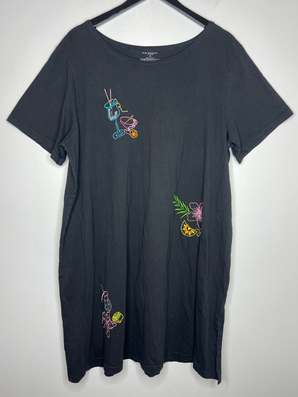 Black Cotton Embroidered Vacation Tropical Sleepshirt Beach Pool Cover-Up Sz 1X